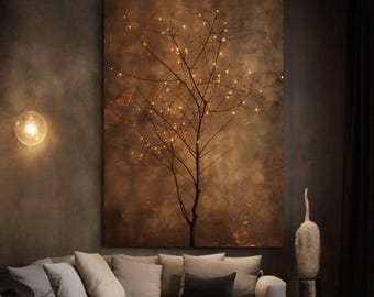 Puede incluir: Una gran obra de arte en lienzo que representa un árbol con pequeñas luces cálidas sobre un fondo marrón texturizado. La obra de arte cuelga sobre un sofá blanco con cojines. También se ven una lámpara decorativa y una escultura.
