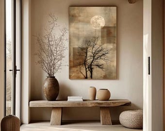 Puede incluir: Una escena interior serena con una gran obra de arte que representa una luna llena y árboles. Un banco de madera exhibe jarrones y libros. Un jarrón grande con ramas y un otomán tejido completan el espacio cálido y de tonos neutros.