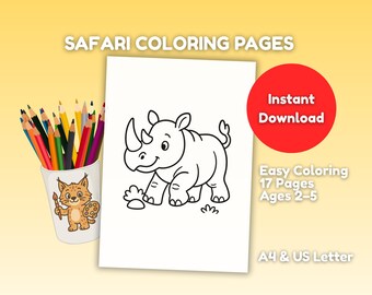 Safari Animals Coloring Pages for Kids – Toddler Coloring Book PDF – Lion Elephant Giraffe Zebra – Instant Download