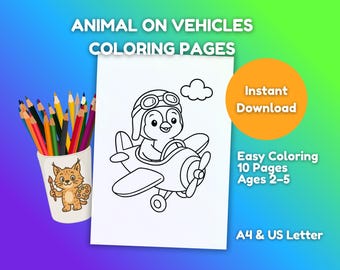Cute Animal Vehicles Coloring Pages for Kids – Fun Transport Animals Printable – Car, Plane, Bike Coloring Book for Toddlers & Preschool