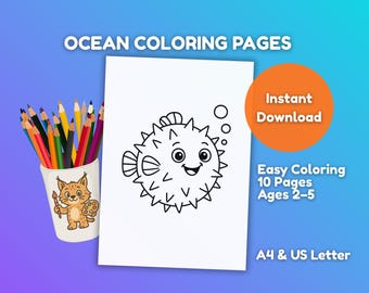 Ocean Coloring Pages for Kids Ages 2-5 | 10 Easy Sea Animal Coloring Pages | Toddler Printable PDF | A4 & US Letter | Preschool activity