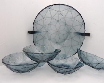 1930s Art Deco Smoked Glass Bowl Set – Vintage Pressed Glass Serving & Dessert Bowls
