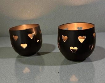 Solid Brass Heart Tea Light Holders, Antique Finish (Pair)