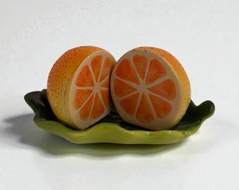 Orange Grapefruit 1970s salt and pepper shakers. Retro vintage kitsch tableware