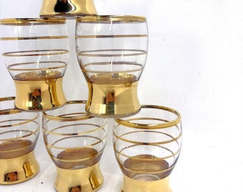 Vintage Gold Striped Shot Glasses, Set of 6, Mid-Century Barware