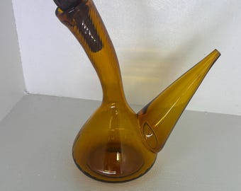 Hand Blown Amber Glass Porron Oil Vinegar Cruet Spanish Wine Decanter Traditional
