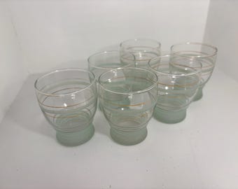 Frosted 1950s Shot Liquer Sherry Whisky Brandy Cognac Glasses. Gold banding x6