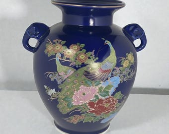 Kutani Japanese Peacock Vase Cobalt Blue Imperial Gold Hand Painted Porcelain Urn