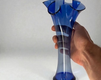 Vintage Cobalt Blue Glass Ruffle Vase Two Tone Mid Century Modern MCM Art Glass