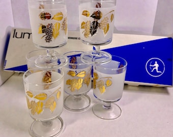 Vintage Luminarc Suede Sherry Glasses, Gold Grape Vine, Boxed Set of 6