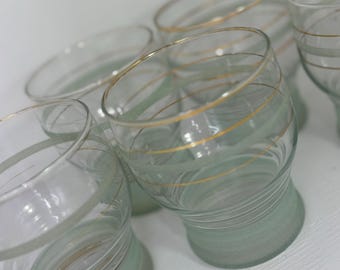 Frosted Glass Tumblers, 1950s Gold Band Drinking Set, Mid Century Modern Highball, Gilt Ring Barware, MCM Retro Glass