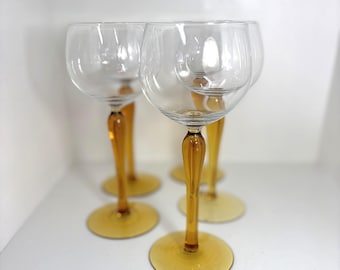Luminarc Amber Hock Wine Glasses, Vintage French Glassware, Long Stem Rhine Set, 1970s Retro Drinkware, France MCM Goblets