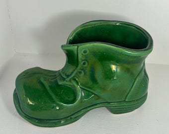 Vintage Green Ceramic Boot Planter Indoor Plant Pot Novelty Garden Wellington Retro