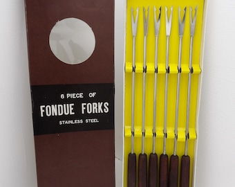 Vintage MCM Fondue Forks Set | Stainless Steel, Wood Handles, Original Box