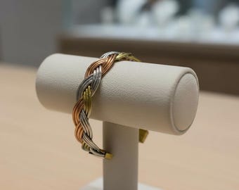 Handmade three-colour braided magnetic copper cuff bracelet: copper, brass/gold, and silver/pewter tones