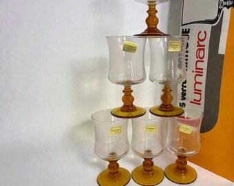 Vintage Luminarc Amber Stem Glasses Liqueur Sherry Brandy Whisky 1970s Boxed