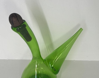 Hand Blown Emerald Green Glass Porron Oil Vinegar Cruet Spanish Wine Decanter