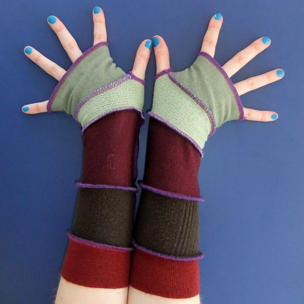 Fingerless Gloves - Eccentric Arm warmers - OOAK Upcycled wool - hippie - Ready To Ship