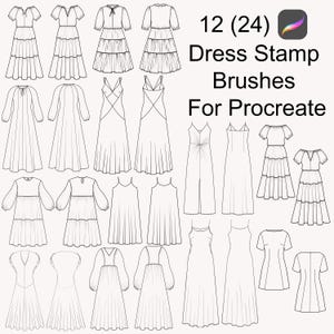 Puede incluir: Una colección de 12 pinceles de sellos de vestidos para Procreate, mostrados en una cuadrícula. Los vestidos están ilustrados en un estilo de dibujo lineal, mostrando varios diseños, incluyendo estilos escalonados, sin mangas y con cuello en V. El texto "12 (24) Dress Stamp Brushes For Procreate" también es visible.