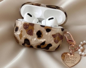 Leopard AirPods Case - Pearl Pendant Gift for Birthday Anniversary - For AirPods 1 2 3 Pro Pro2 Beige