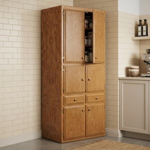 May include: A tall, light brown oak pantry cabinet featuring two upper doors, two middle doors, two small drawers, and two lower doors. The upper right door is slightly ajar, revealing interior shelves with various stored glass jars and containers.