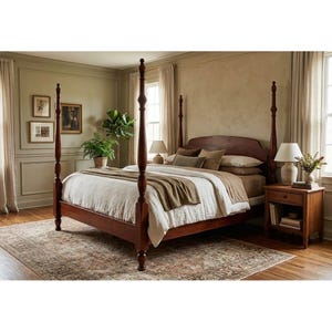 May include: A dark wood four-poster bed frame with tall, turned posts and a curved headboard. The bed is dressed in white linens, a beige throw blanket, and several pillows. A matching wooden nightstand sits beside the bed frame.
