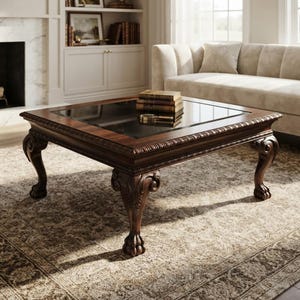 May include: A square coffee table with a dark brown wood frame, a glass top, and four ornate cabriole legs ending in claw-and-ball feet. The table features carved detailing along the edges and holds a stack of three books and a magnifying glass.