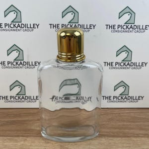 Vintage Clear Glass Perfume Bottle Gold Screw Cap Flask Shape Refillable 5.5"