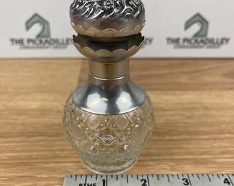 Vintage Avon Perfume Bottle Pressed Glass Ornate Silver Repousse Floral Cap