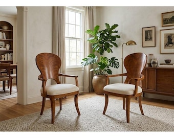 Henredon Burl Wood Dining Armchairs Pair Model 9200 27 Cream Upholstered Seats