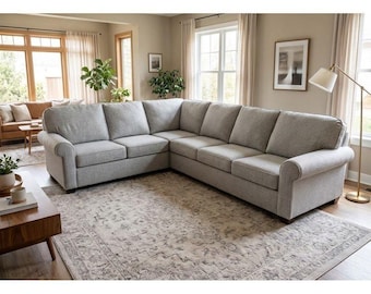Flexsteel L-Shaped Sectional Sofa Light Gray Textured Fabric Rolled Arms