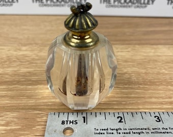 Vintage Miniature Faceted Glass Perfume Bottle Ornate Brass Top Art Deco Style