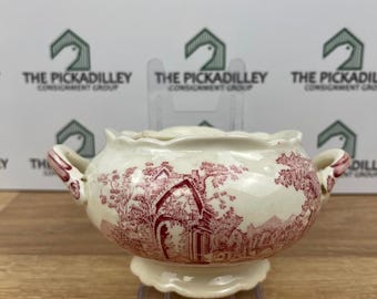Vintage English Abbey Pink Transferware Sugar Bowl Red Ceramic Ironstone Shabby