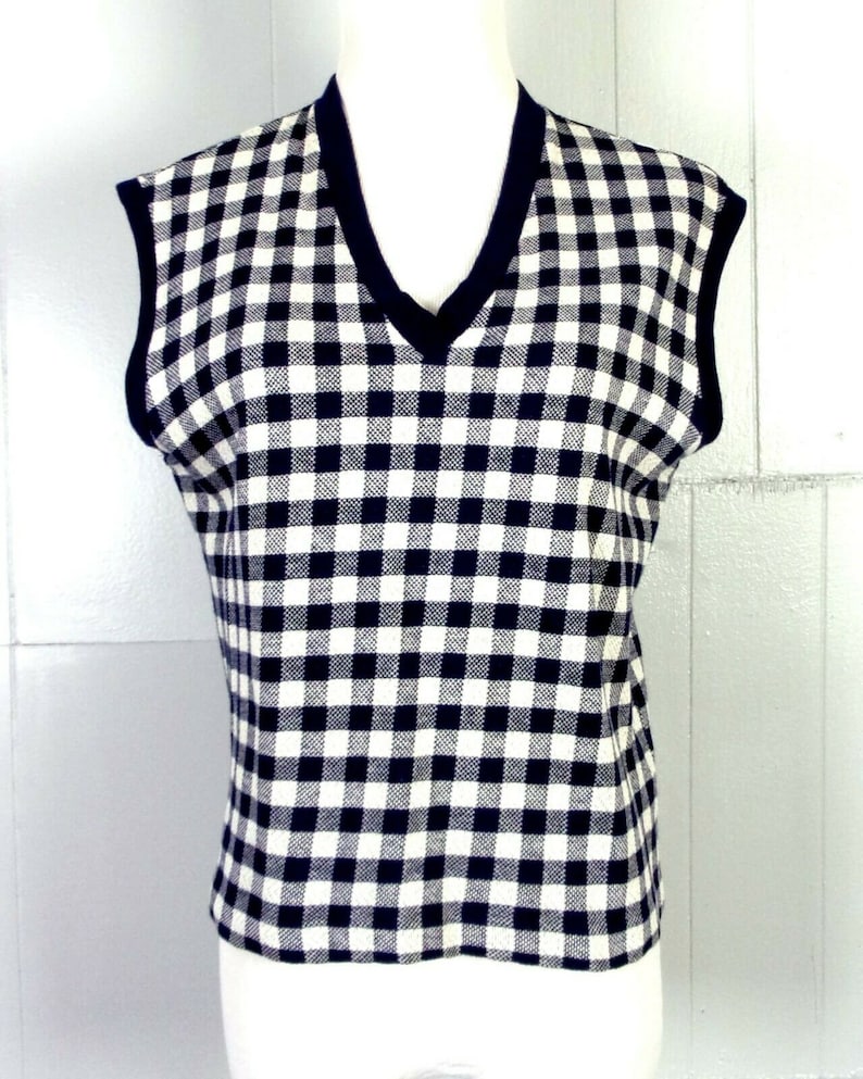 vtg 50s 60s Catalina ROCKABILLY Blue Gingham Check V-Neck Sweater Vest Top L