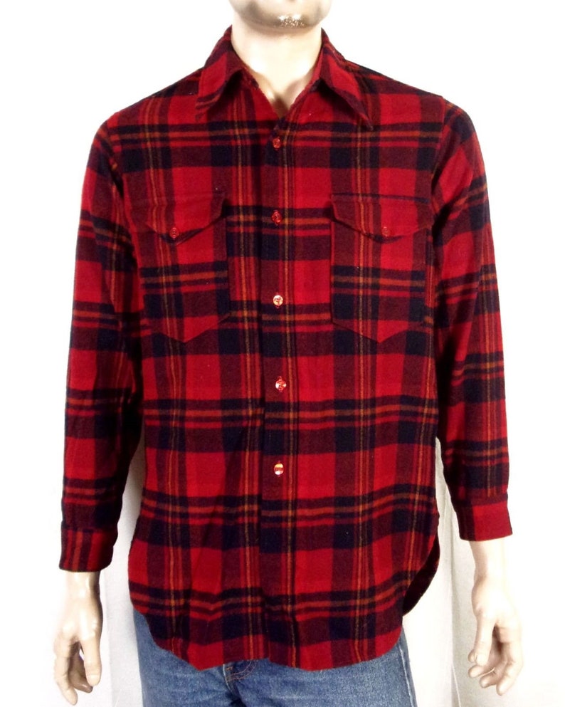 vtg 60s 70s Pendleton Red Black 100/% Wool Flannel Shirt Button Down sz M 15