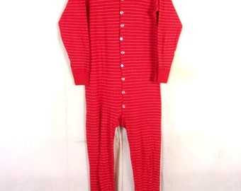 vtg Duofold USA mohawk NY Minty Red White Striped Union Suit Long Johns sz L