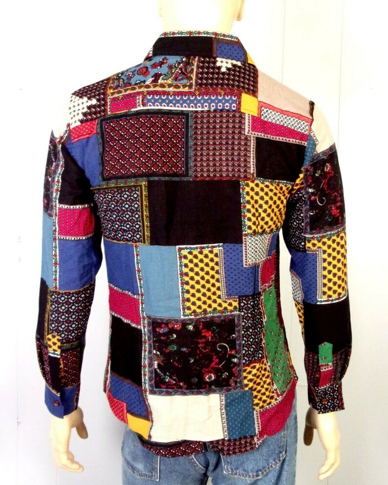 vtg 60s Minty Hippy Mod Linen Patchwork Print Button Down Dress Shirt sz SM