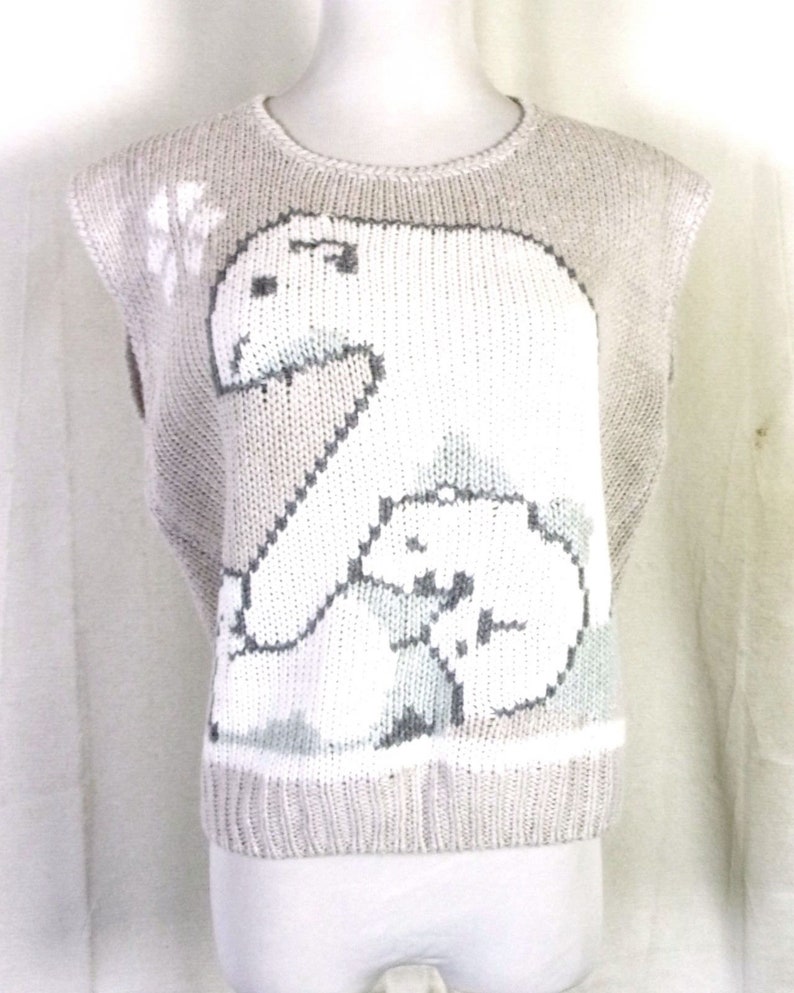 vtg 80s Licorice Hand Knit Sleeveless Polar Bear Sweater Vest pixelated sz L