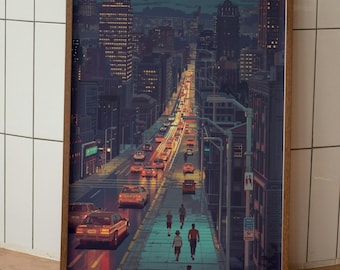 Pixel Cityscape Print – Retro Gaming Room Decor (Digital Download)