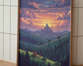 Pixel Art Castle Print – Fantasy Sunset Landscape (Digital Download)