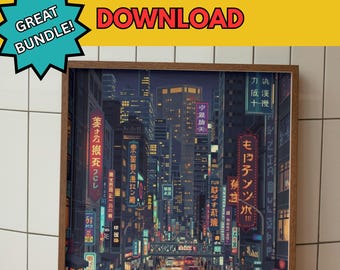 Pixel City Nightscape Print Bundle – Retro Gaming Room Decor (Digital Download)