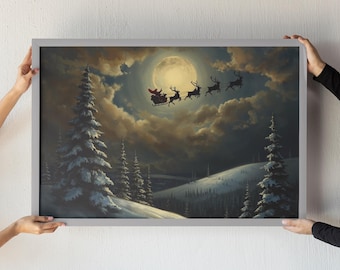 May include: A framed winter landscape painting depicts Santa Claus in a sleigh pulled by reindeer, flying across a moonlit sky. Snow-covered evergreen trees and hills are in the foreground, with a cloudy sky.