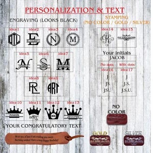 May include: A wooden sign displays personalization options for engraving and stamping. It includes examples of initials, names, and crown designs. Text on the sign reads "PERSONALIZATION & TEXT" and "YOUR CONGRATULATORY TEXT".