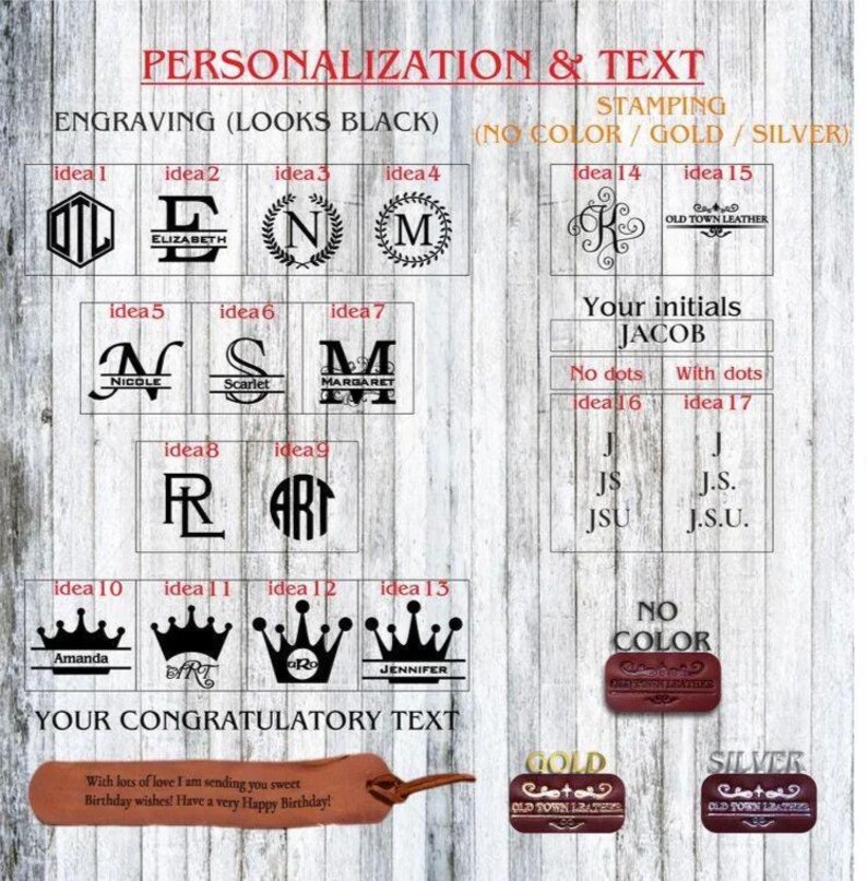May include: A wooden sign displays personalization options for engraving and stamping. It includes examples of initials, names, and crown designs. Text on the sign reads "PERSONALIZATION & TEXT" and "YOUR CONGRATULATORY TEXT".