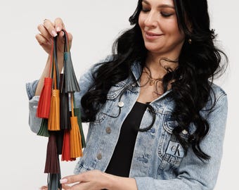 Personalized Leather Tassel Bag Charm: Initials Gift, 12 Colors  Small and Large tassels
