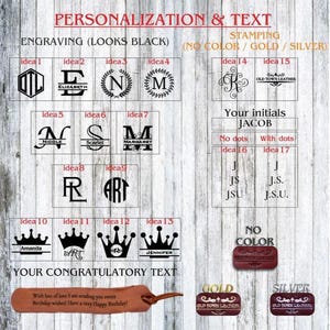 May include: A wooden sign displays personalization options for engraving and stamping. It showcases various fonts, initials, and crown designs. The text includes "PERSONALIZATION & TEXT" and "YOUR CONGRATULATORY TEXT".