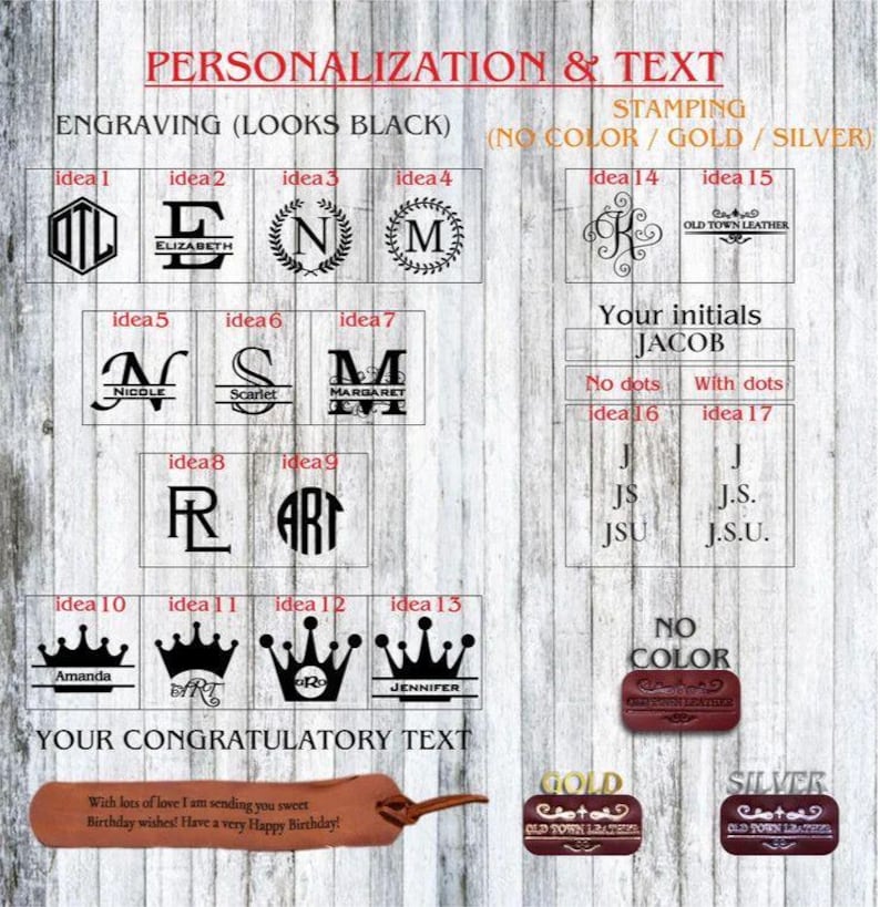 May include: A wooden sign displays personalization options for engraving and stamping. It showcases various fonts, initials, and crown designs. The text includes "PERSONALIZATION & TEXT" and "YOUR CONGRATULATORY TEXT".