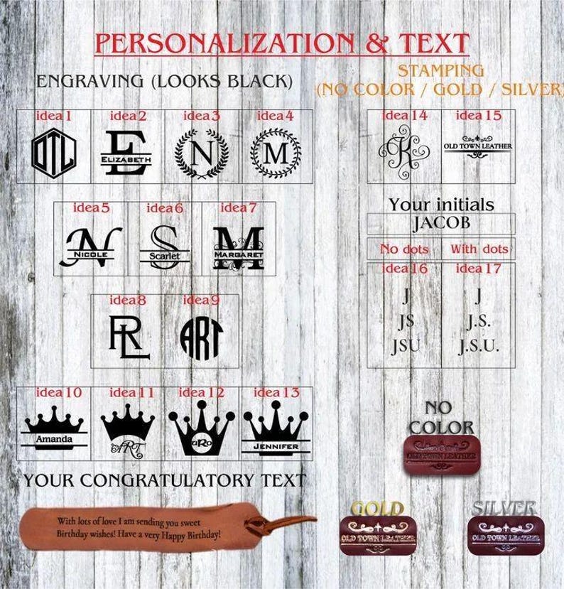 K&ouml;nnte beinhalten: Bild mit Personalisierungsoptionen f&uuml;r Lederwaren. Enth&auml;lt Gravurideen mit Initialen, Namen und Kronenmotiven. Bietet auch Stempeloptionen in Gold und Silber sowie einen Beispieltext f&uuml;r Gl&uuml;ckw&uuml;nsche.