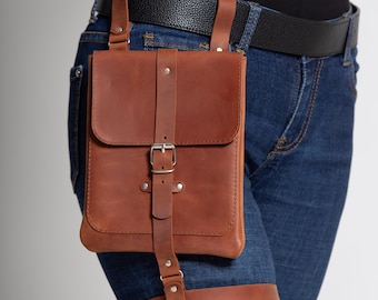 Cognac Leather Leg Bag: Unisex Thigh Bag, Personalized Gift