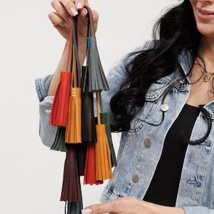 May include: A collection of leather tassels in various colours including red, mustard yellow, dark green, black, burgundy, and grey. Each tassel features a stitched leather cap and is attached to a long, thin leather cord for hanging or attachment.